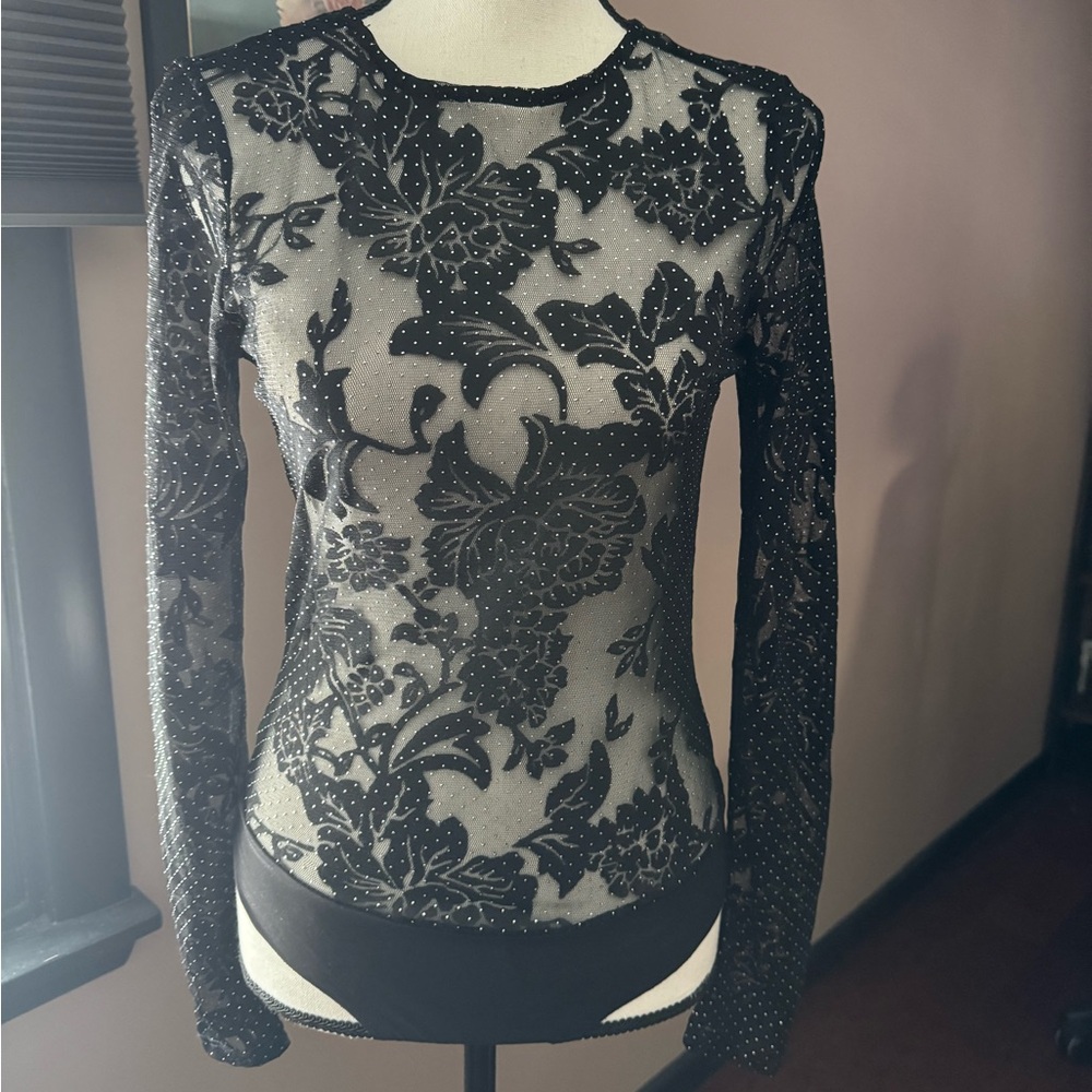 NWT beautiful black body suit with sheer dot sleeves. Boutique! Size small